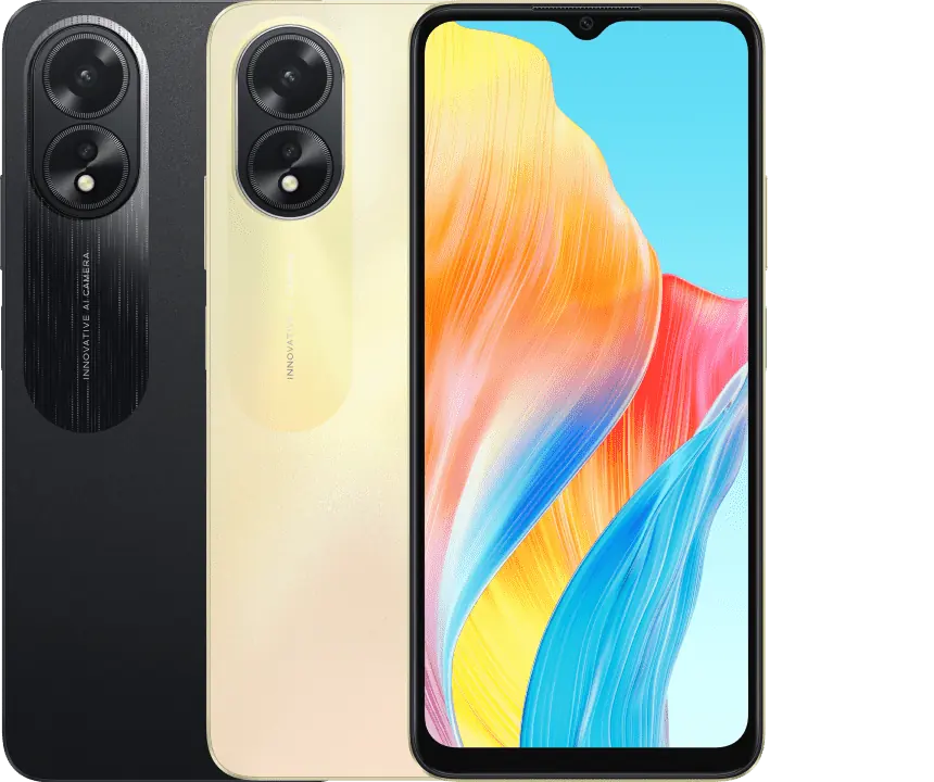 Front view of the OPPO A38 smartphone featuring a 6.56-inch 90Hz HD+ sunlight display with a waterdrop notch