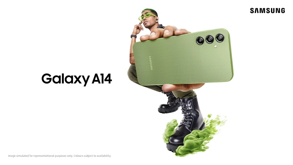 Samsung A14 review sample showing back panel and camera setup