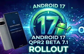 Android 17 QPR2 Beta 7.1 rollout interface running on a Google Pixel smartphone screen