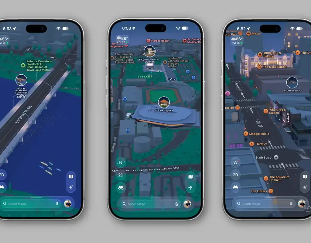 Apple Maps launches Detailed City Experience in Austin, Texas showing 3D Texas Capitol and downtown navigation