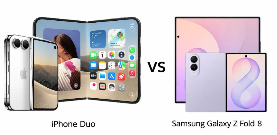 iPhone Duo vs Samsung Galaxy Z Fold 8 display unfolded side by side showing crease