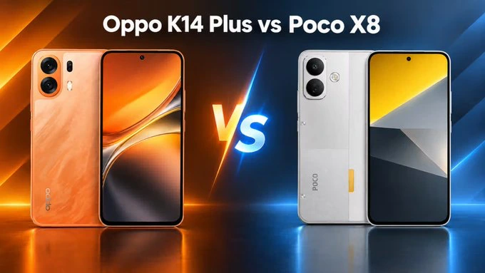 OPPO K14 Plus vs POCO X8 side by side smartphone design comparison